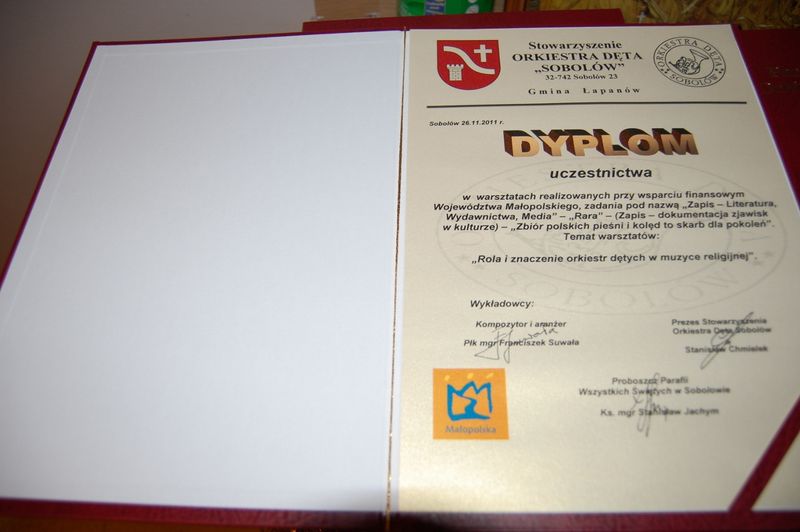 Dyplom uczestnictwa w warsztatach dyrygentów w Sobolowie